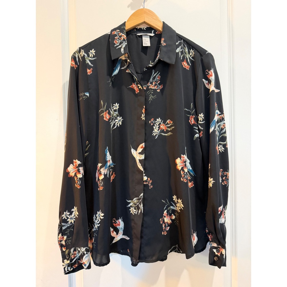 HM Black Floral Bird Print Button Down Blouse Long Sleeve Top Sz 8 0688873 8‎